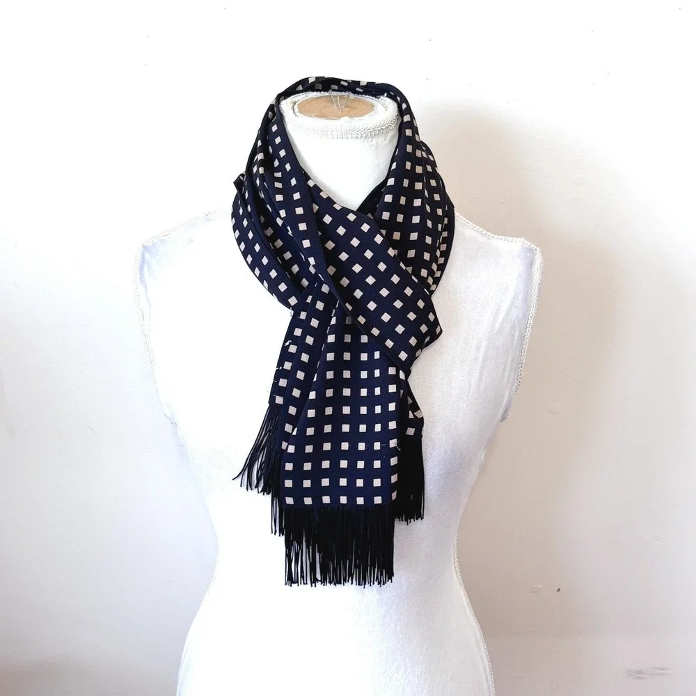 Geometric Fringe Dressy Scarf Black Tan Silky Elegant One Size 8 X 58
